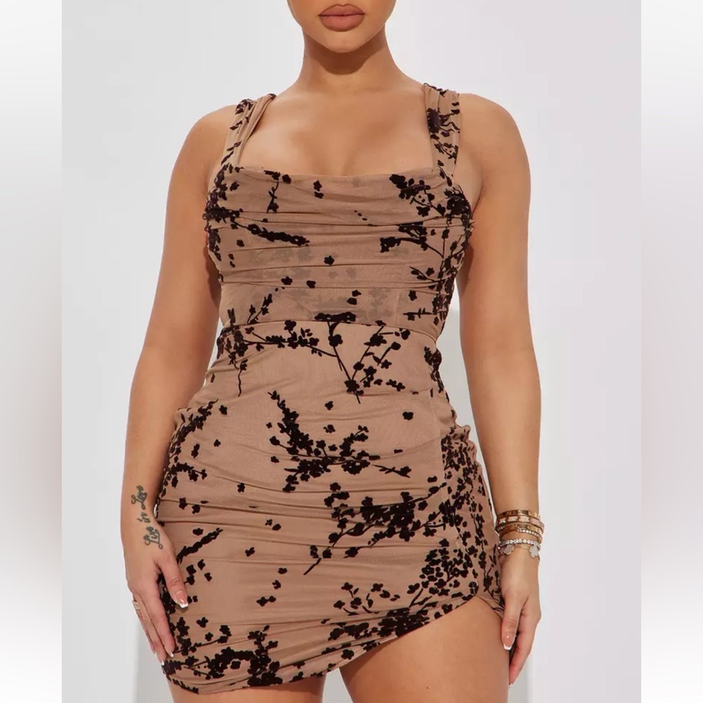 Fashion Nova Blossom Sleeveless Mini Dress - Mocha - Size XL